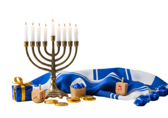 Menorah Dreidels Gifts and Tallit for Hanukkah Celebration isolated on transparent background