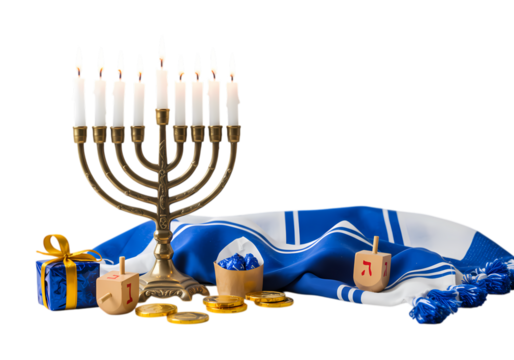 Menorah Dreidels Gifts and Tallit for Hanukkah Celebration isolated on transparent background