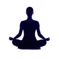 Deep indigo silhouette of a person in meditative lotus pose with ethereal glow, isolated against transparent background with copy space, concept of profound spiritual peace