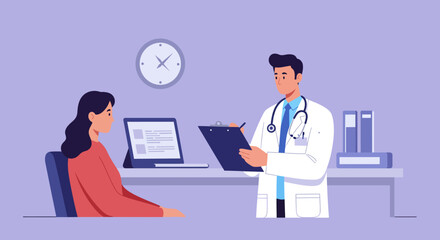 Fototapeta premium Doctor with clipboard and stethoscope consulting a female patient at a desk in a modern medical clinic. Healthcare and medicine vector illustration