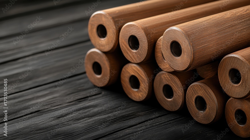 Poster close-up view of round wooden dowels with smooth texture on dark background