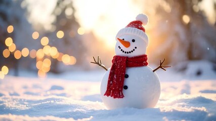 Cheerful snowman in winter wonderland - Powered by Adobe