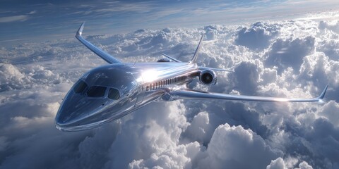 Fototapeta premium Shiny airplane soaring through fluffy clouds