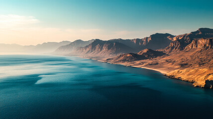 Fototapeta premium Stunning coastal view of rugged mountains meeting calm waters during sunset in a scenic location