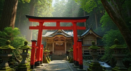 Traditional Japanese Shrine with Red Torii Gate