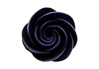 A single indigo flower bloom, tightly furled waxy petals in a geometric spiral with hard chiaroscuro lighting against a transparent background. Concept of disciplined beauty and natural design