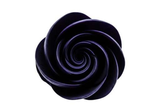 A single indigo flower bloom, tightly furled waxy petals in a geometric spiral with hard chiaroscuro lighting against a transparent background. Concept of disciplined beauty and natural design