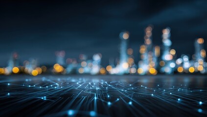 Futuristic city at night, illuminated by glowing lines