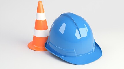 Safety Helmet and Traffic Cone, Showing Construction Safety Protection Scene