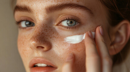 Young woman applying skincare product on her face with focused expression in soft natural light