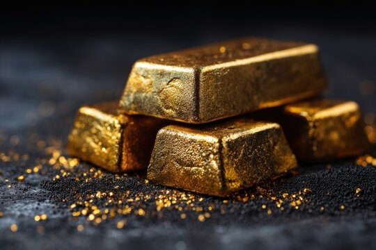 Golden gold bars stacked on dark background