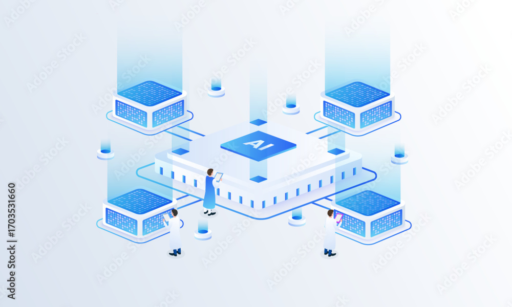 Poster artificial intelligence chip isometric vector illustration. quantum ai chip technology concept, comp