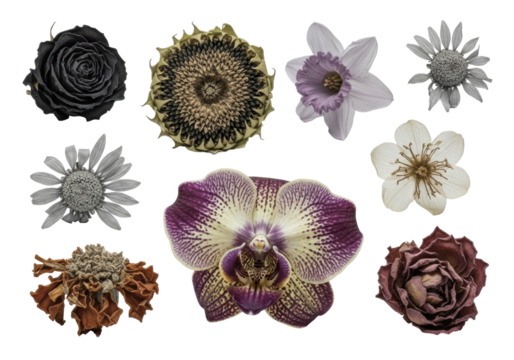 Eight distinct withered blooms: dried black rose, sepia sunflower, crumpled violet daffodil, skeletal daisy, on a transparent studio background, soft macro lighting, concept of temporal decay