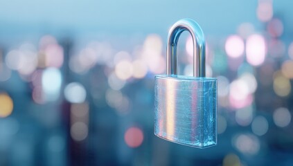 Metal padlock against city lights
