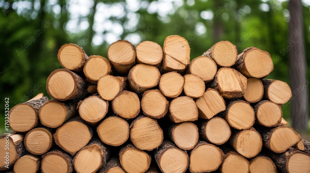Poster stacked logs in forest setting with green background and natural light
