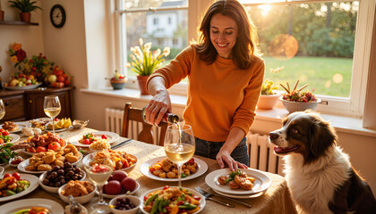 Joyful woman pouring wine at Thanksgiving table with dog beside her  