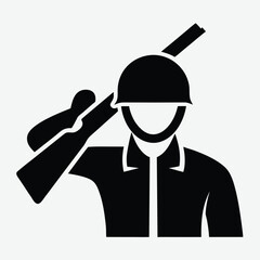 Monochrome depicts uniformed soldier saluting while holding rifle across his helmeted head