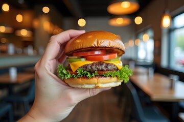 A hand holds a burger in front of the camera