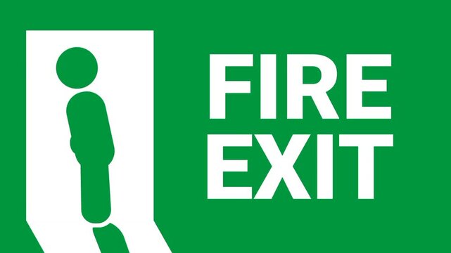 A bold green fire exit sign with a walking person symbol indicating the location of the emergency fire escape door for quick evacuation