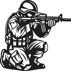 Soldier in black and white monochrome kneels while aiming rifle for military operation