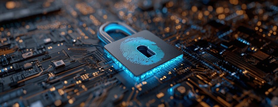 Close-up of a digital lock on a circuit board, glowing with blue light