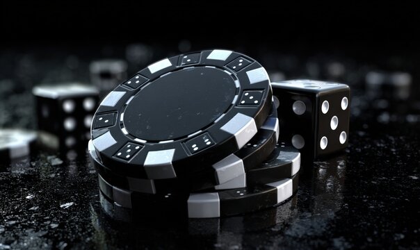 Stacked poker chips and dice on a dark surface