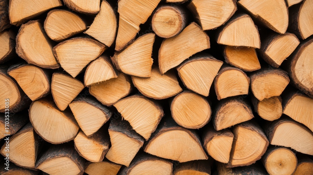 Poster stacked sawn logs with natural patterns and textures in warm tones