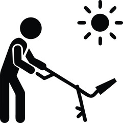 Black silhouette depicts someone using a weed burner under a shining sun icon