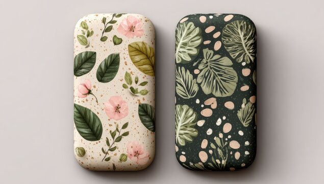 Two phone case designs featuring botanical patterns - Powered by Adobe