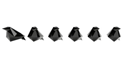 Seven identical, sleek, futuristic obsidian avian forms perfectly aligned, hovering on a transparent infinity background with crisp shadows and reflections, concept of precision technology