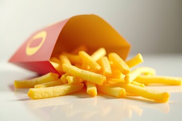 Crispy french fries in a red paper bag