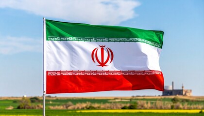 Iranian flag with emblem and Kufic script on split blue-green background