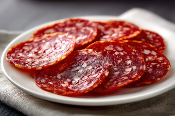 Obraz premium Vivid, tantalizing pepperoni slices elegantly arranged on a pristine white plate reveal their juicy, textured richness.