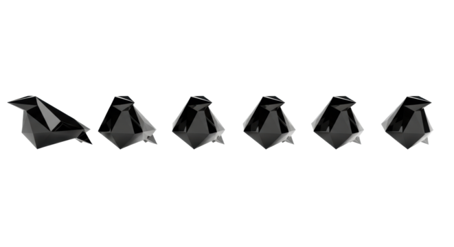 Seven identical, sleek, futuristic obsidian avian forms perfectly aligned, hovering on a transparent infinity background with crisp shadows and reflections, concept of precision technology