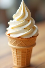 Delicious vanilla ice cream in waffle cone