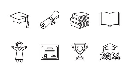Collection of graduation icons featuring a silhouette of a graduate and academic symbols