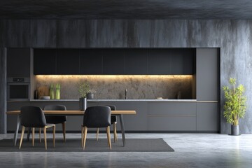 Modern dark gray kitchen and dining area