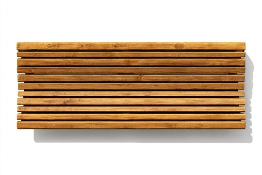 Overhead view of a long, rectangular wooden bench composed of horizontally stacked slats, showing a slight shadow beneath