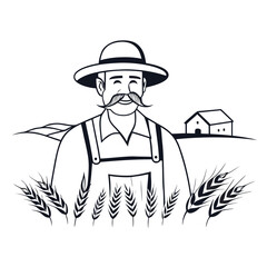 Smiling farmer with mustache wears a hat standing in the wheat field near a house