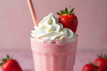 Refreshing strawberry milkshake topped with whipped cream and a fresh strawberry