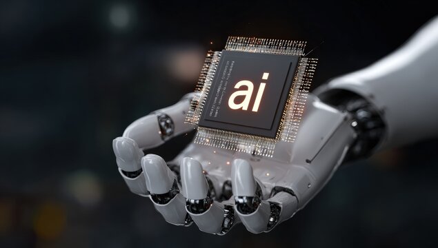 Robotic hand holding a glowing AI chip (2)