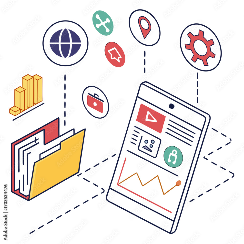 Poster digital transformation concept with a smartphone displaying various app icons and data visualization