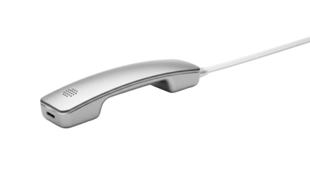 Sleek, futuristic brushed metallic silver telephone receiver with translucent cable on a transparent background, soft high-key studio light, macro lens focus. Concept of advanced communication