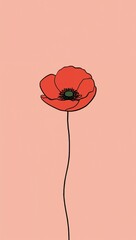 Minimalist poppy flower flat design simple line hand drawing on plain pale red background
