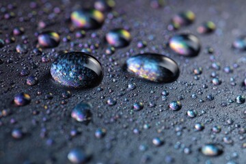 Close-up of iridescent water droplets on a dark surface