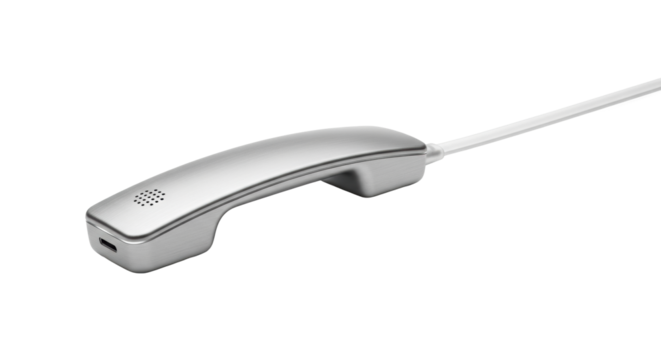 Sleek, futuristic brushed metallic silver telephone receiver with translucent cable on a transparent background, soft high-key studio light, macro lens focus. Concept of advanced communication