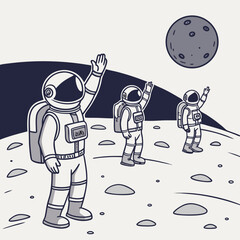 Three cartoon astronauts waving hello from the surface of the moon with a large grey moon in the background and a dark sky above