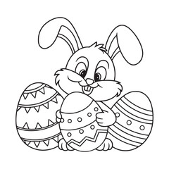 Happy Easter Bunny Hiding Behind Decorated Eggs Coloring Page