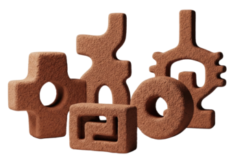 Primitive unglazed terracotta shapes and glyphs, dull matte, coarse, heavy, blocky, on transparent with copy space, dramatic chiaroscuro light, ancient exhibit atmosphere