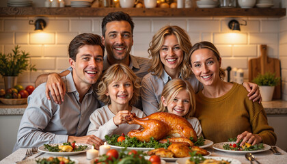 Happy family celebrating with roasted turkey in cozy kitchen, Thanksgiving